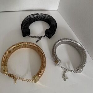 Vintage Modernist Slinky Spring Bracelet Set Gold Silver Black Mixed Metal Tones